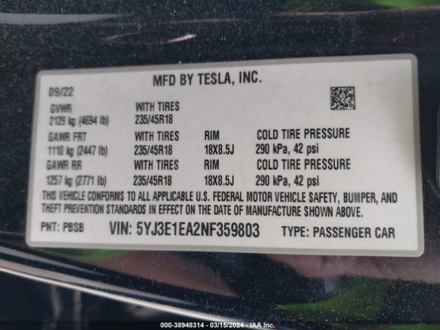 Photo 8 VIN: 5YJ3E1EA2NF359803 - TESLA MODEL 3 