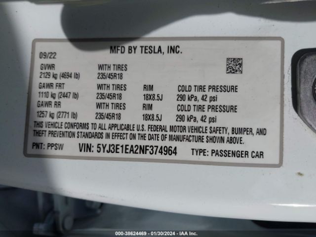 Photo 8 VIN: 5YJ3E1EA2NF374964 - TESLA MODEL 3 