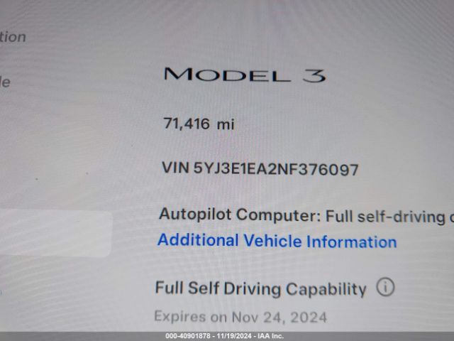 Photo 6 VIN: 5YJ3E1EA2NF376097 - TESLA MODEL 3 