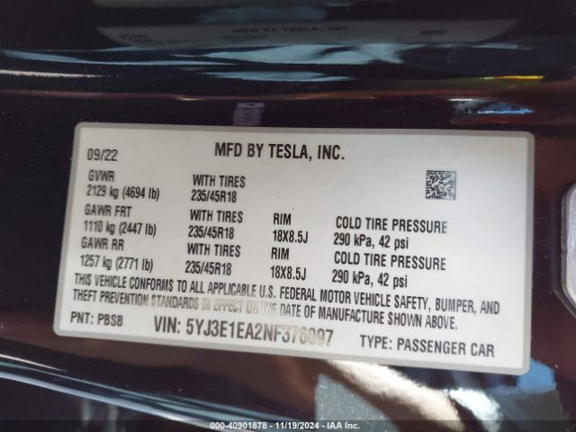 Photo 8 VIN: 5YJ3E1EA2NF376097 - TESLA MODEL 3 