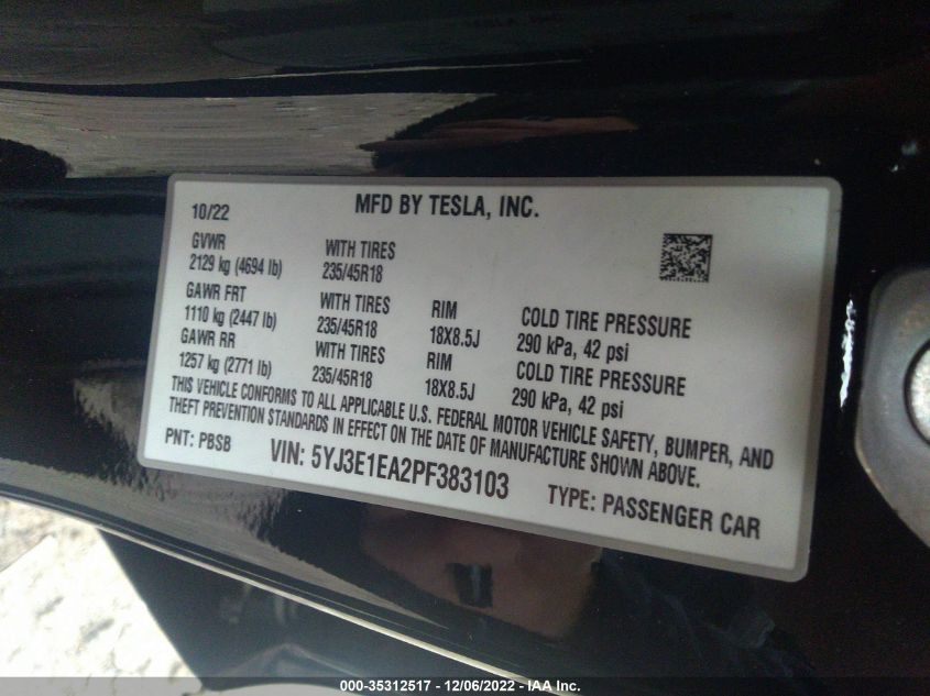 Photo 8 VIN: 5YJ3E1EA2PF383103 - TESLA MODEL 3 