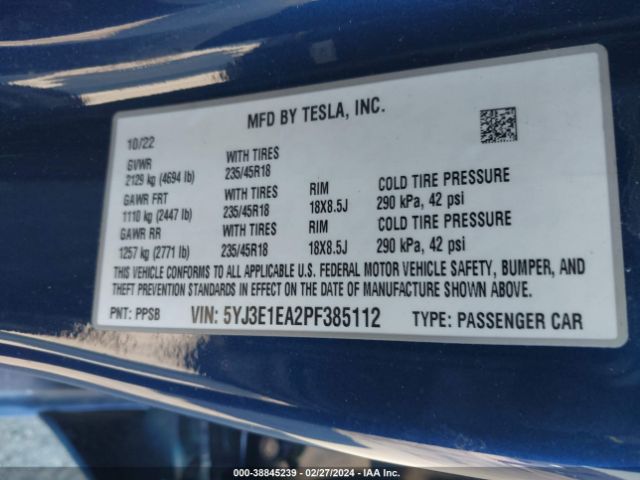 Photo 8 VIN: 5YJ3E1EA2PF385112 - TESLA MODEL 3 