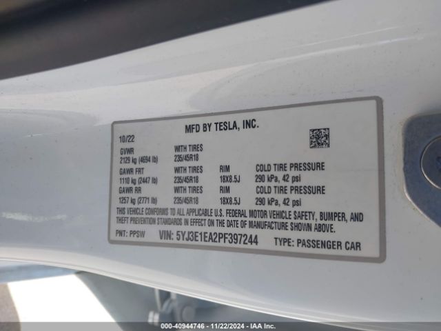 Photo 8 VIN: 5YJ3E1EA2PF397244 - TESLA MODEL 3 