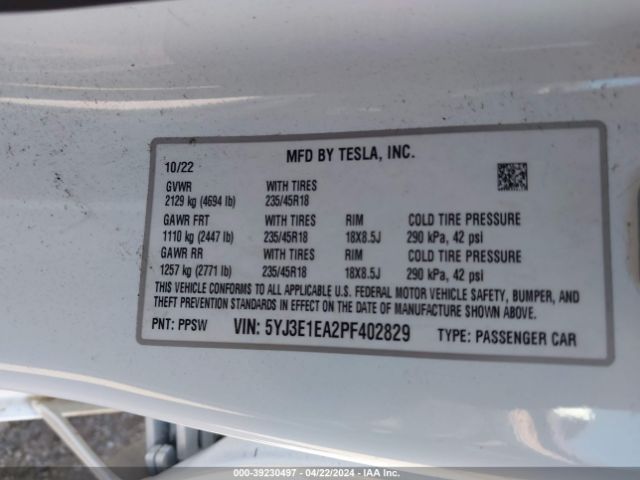 Photo 8 VIN: 5YJ3E1EA2PF402829 - TESLA MODEL 3 