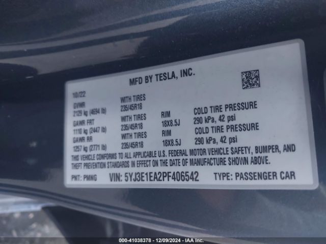 Photo 8 VIN: 5YJ3E1EA2PF406542 - TESLA MODEL 3 