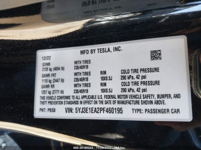 Photo 8 VIN: 5YJ3E1EA2PF460195 - TESLA MODEL 3 