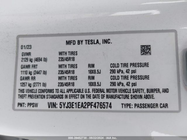 Photo 8 VIN: 5YJ3E1EA2PF476574 - TESLA MODEL 3 