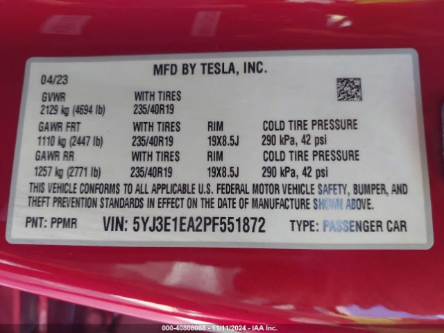 Photo 8 VIN: 5YJ3E1EA2PF551872 - TESLA MODEL 3 