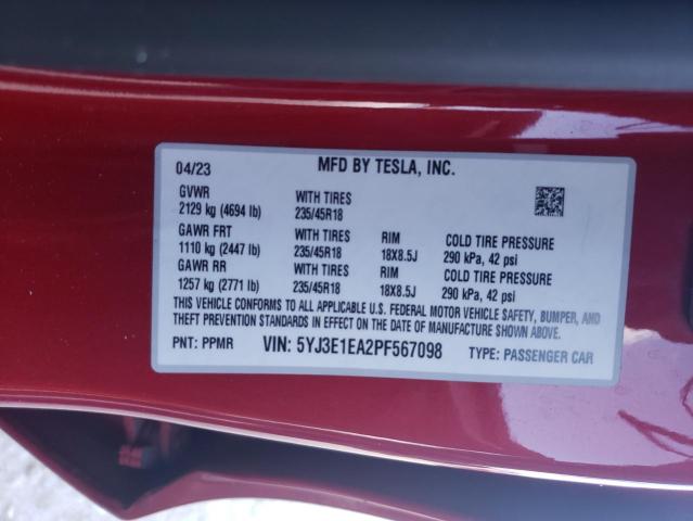 Photo 11 VIN: 5YJ3E1EA2PF567098 - TESLA MODEL 3 