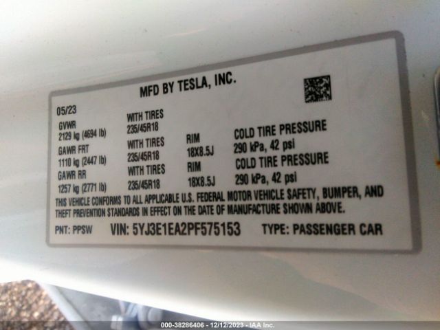 Photo 8 VIN: 5YJ3E1EA2PF575153 - TESLA MODEL 3 