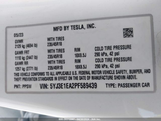 Photo 8 VIN: 5YJ3E1EA2PF589439 - TESLA MODEL 3 