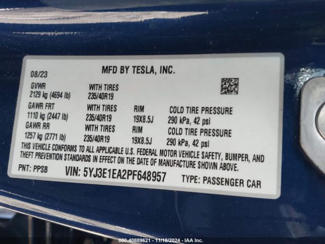 Photo 8 VIN: 5YJ3E1EA2PF648957 - TESLA MODEL 3 