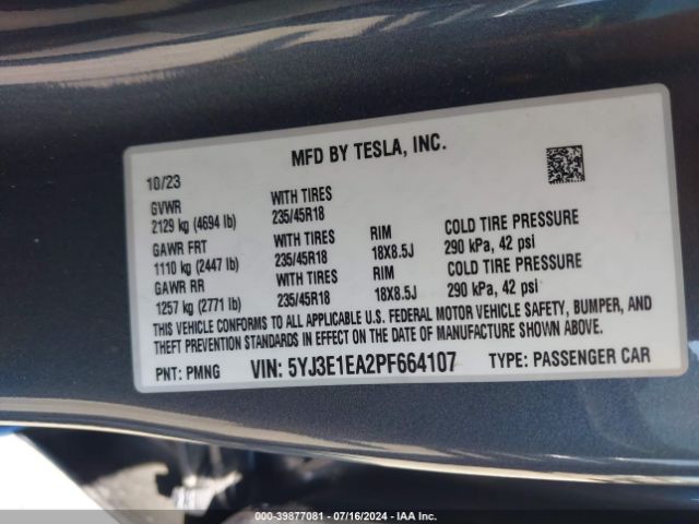 Photo 8 VIN: 5YJ3E1EA2PF664107 - TESLA MODEL 3 