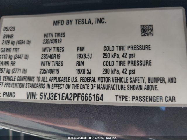 Photo 8 VIN: 5YJ3E1EA2PF666164 - TESLA MODEL 3 