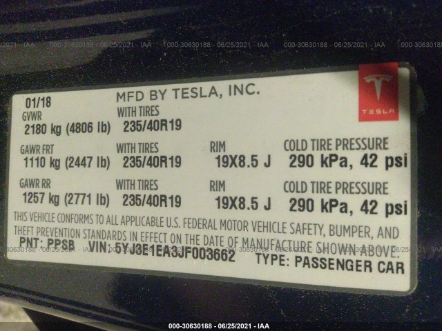 Photo 8 VIN: 5YJ3E1EA3JF003662 - TESLA MODEL 3 