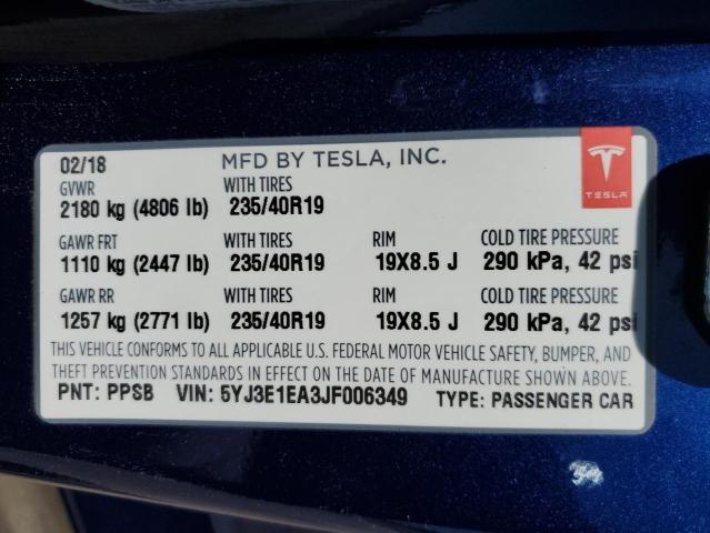 Photo 12 VIN: 5YJ3E1EA3JF006349 - TESLA MODEL 3 