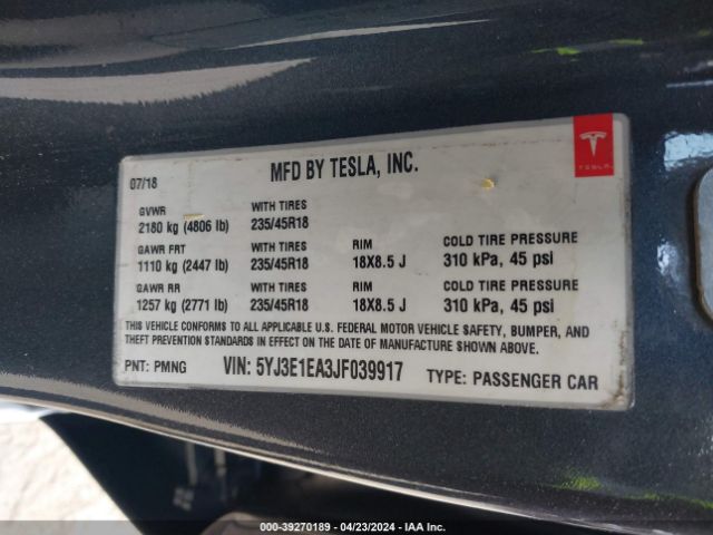 Photo 8 VIN: 5YJ3E1EA3JF039917 - TESLA MODEL 3 