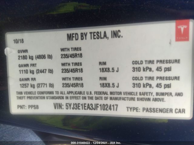 Photo 8 VIN: 5YJ3E1EA3JF102417 - TESLA MODEL 3 