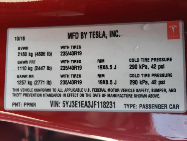 Photo 11 VIN: 5YJ3E1EA3JF118231 - TESLA MODEL 3 