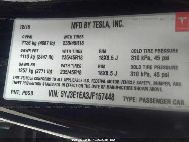 Photo 8 VIN: 5YJ3E1EA3JF157448 - TESLA MODEL 3 