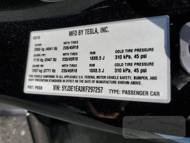 Photo 12 VIN: 5YJ3E1EA3KF297257 - TESLA MODEL 3 