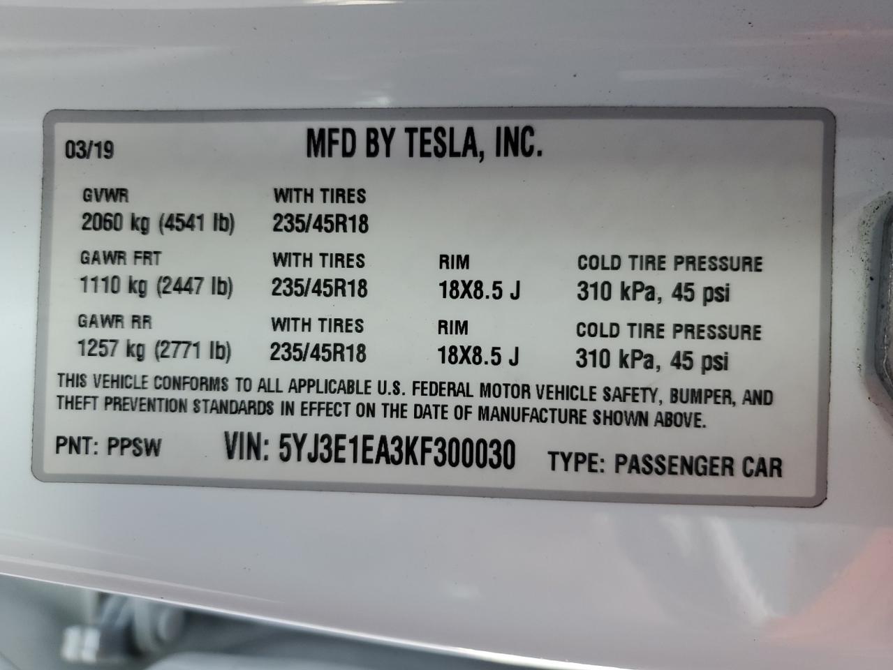 Photo 11 VIN: 5YJ3E1EA3KF300030 - TESLA MODEL 3 