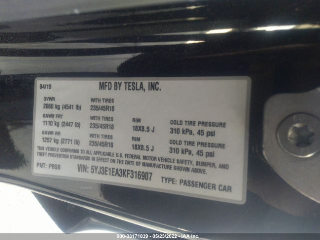 Photo 8 VIN: 5YJ3E1EA3KF316907 - TESLA MODEL 3 