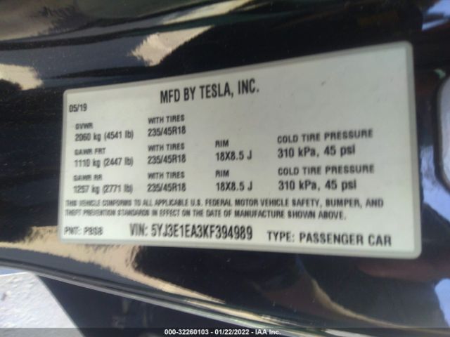 Photo 8 VIN: 5YJ3E1EA3KF394989 - TESLA MODEL 3 