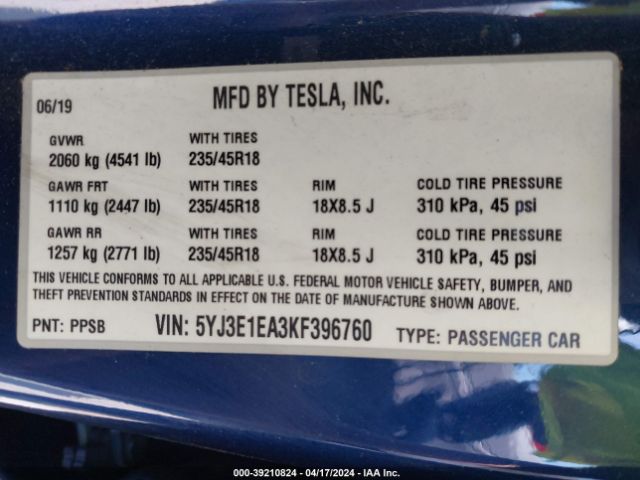 Photo 8 VIN: 5YJ3E1EA3KF396760 - TESLA MODEL 3 