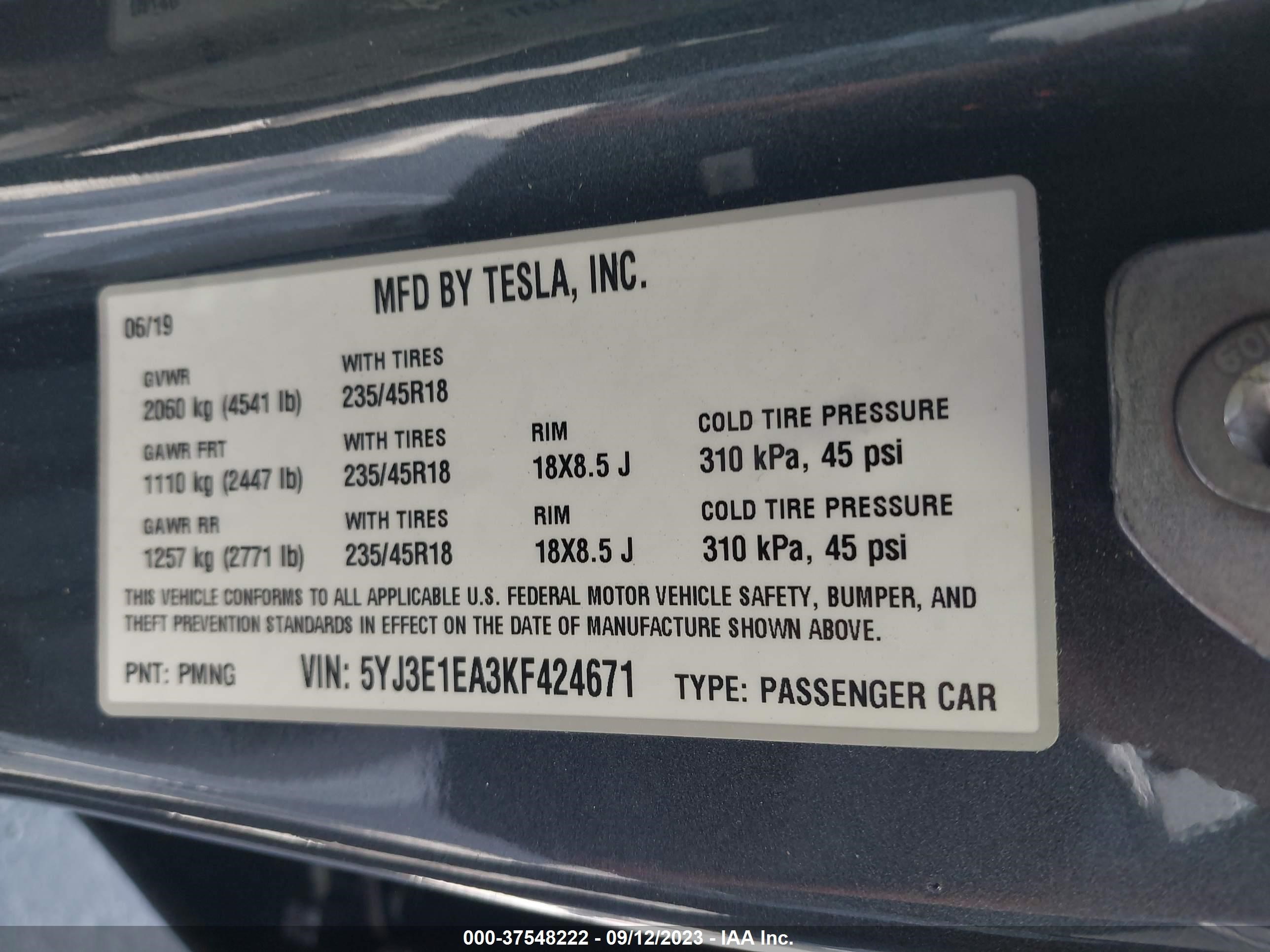 Photo 8 VIN: 5YJ3E1EA3KF424671 - TESLA MODEL 3 