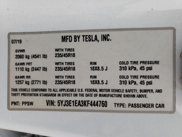 Photo 12 VIN: 5YJ3E1EA3KF444760 - TESLA MODEL 3 