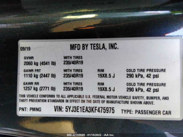 Photo 8 VIN: 5YJ3E1EA3KF475975 - TESLA MODEL 3 