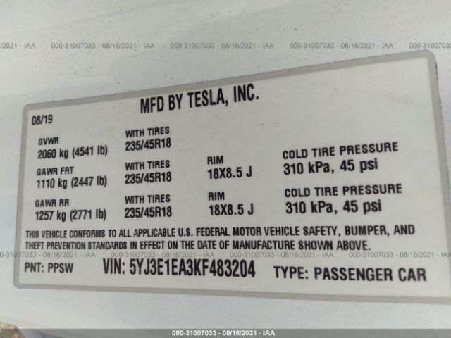 Photo 8 VIN: 5YJ3E1EA3KF483204 - TESLA MODEL 3 