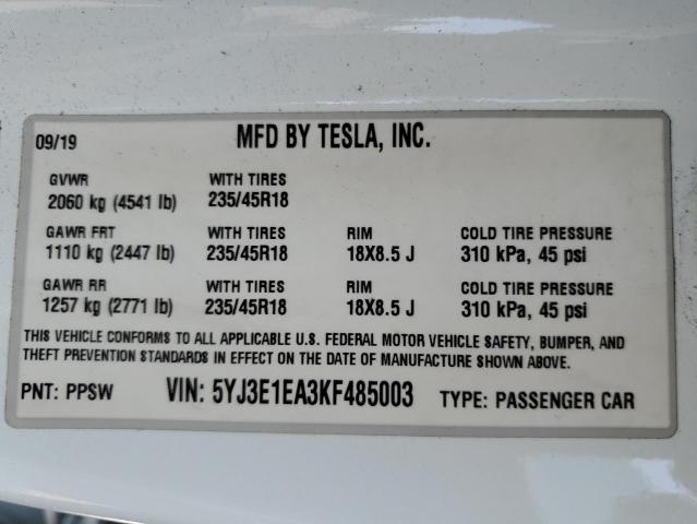 Photo 12 VIN: 5YJ3E1EA3KF485003 - TESLA MODEL 3 