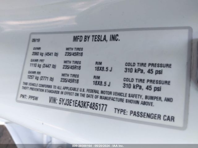 Photo 8 VIN: 5YJ3E1EA3KF485177 - TESLA MODEL 3 