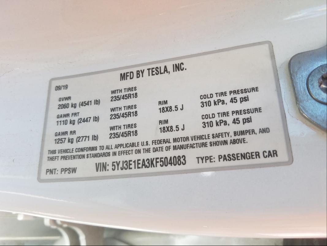 Photo 9 VIN: 5YJ3E1EA3KF504083 - TESLA MODEL 3 