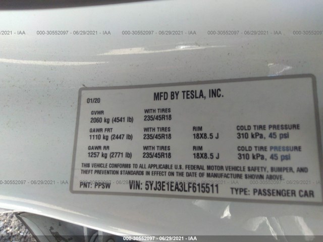 Photo 8 VIN: 5YJ3E1EA3LF615511 - TESLA MODEL 3 