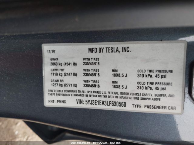 Photo 8 VIN: 5YJ3E1EA3LF630560 - TESLA MODEL 3 