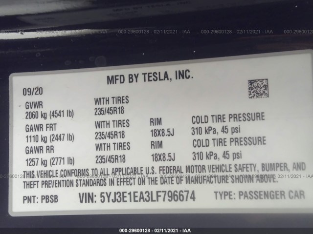 Photo 8 VIN: 5YJ3E1EA3LF796674 - TESLA MODEL 3 