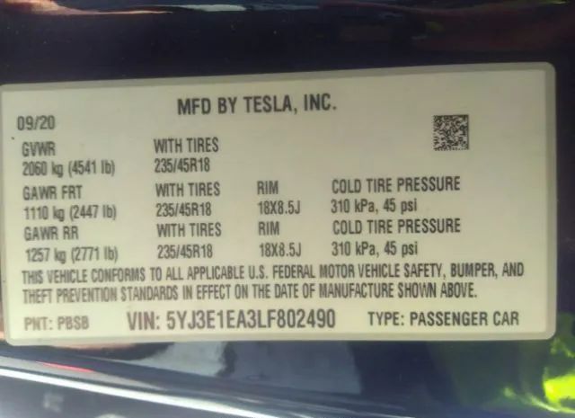 Photo 8 VIN: 5YJ3E1EA3LF802490 - TESLA MODEL 3 