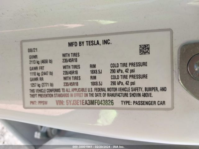 Photo 8 VIN: 5YJ3E1EA3MF043826 - TESLA MODEL 3 