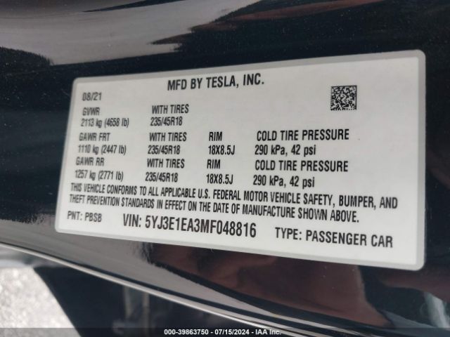 Photo 8 VIN: 5YJ3E1EA3MF048816 - TESLA MODEL 3 