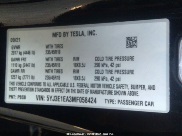 Photo 8 VIN: 5YJ3E1EA3MF058424 - TESLA MODEL 3 