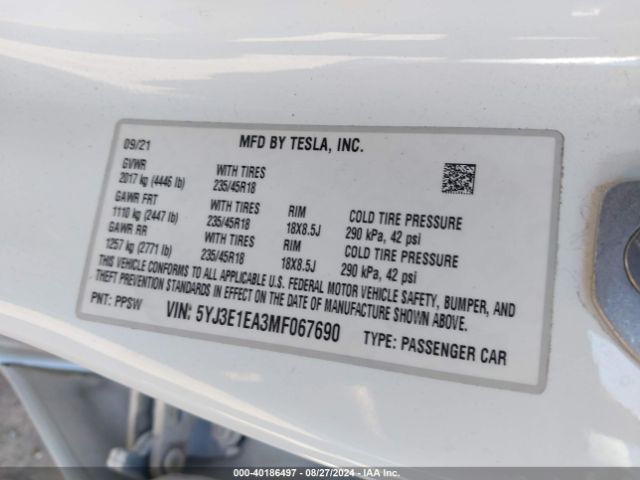 Photo 8 VIN: 5YJ3E1EA3MF067690 - TESLA MODEL 3 