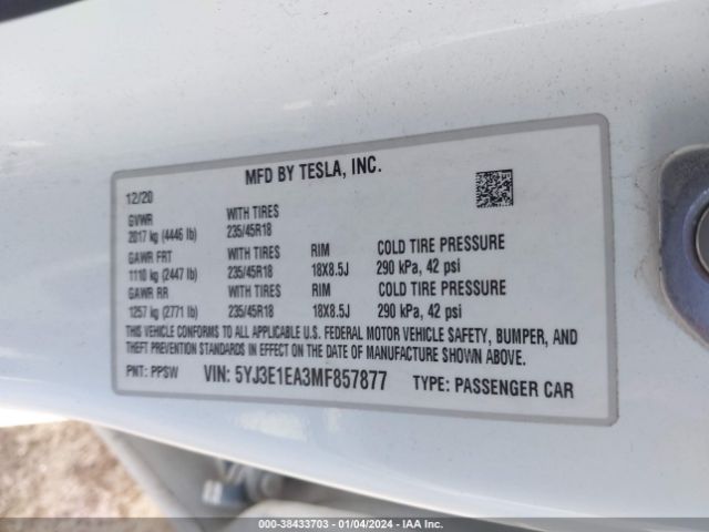 Photo 8 VIN: 5YJ3E1EA3MF857877 - TESLA MODEL 3 