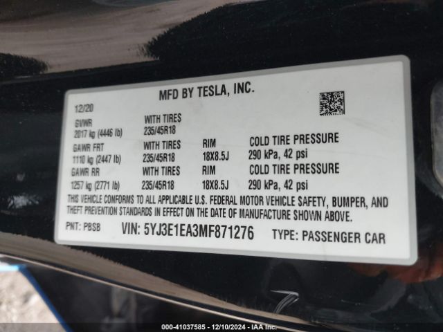 Photo 8 VIN: 5YJ3E1EA3MF871276 - TESLA MODEL 3 