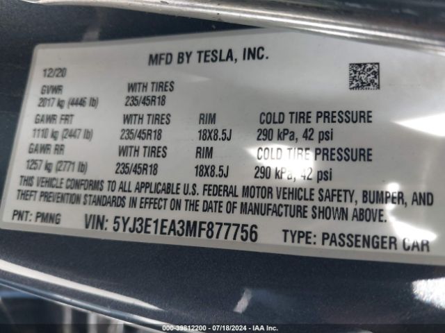 Photo 8 VIN: 5YJ3E1EA3MF877756 - TESLA MODEL 3 