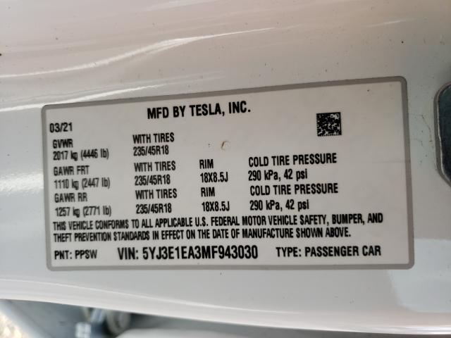 Photo 9 VIN: 5YJ3E1EA3MF943030 - TESLA MODEL 3 