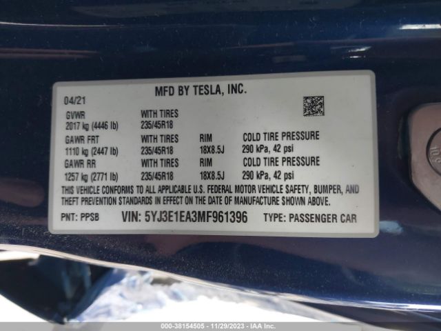 Photo 8 VIN: 5YJ3E1EA3MF961396 - TESLA MODEL 3 