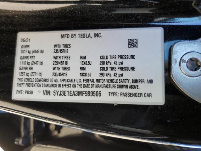 Photo 9 VIN: 5YJ3E1EA3MF989506 - TESLA MODEL 3 